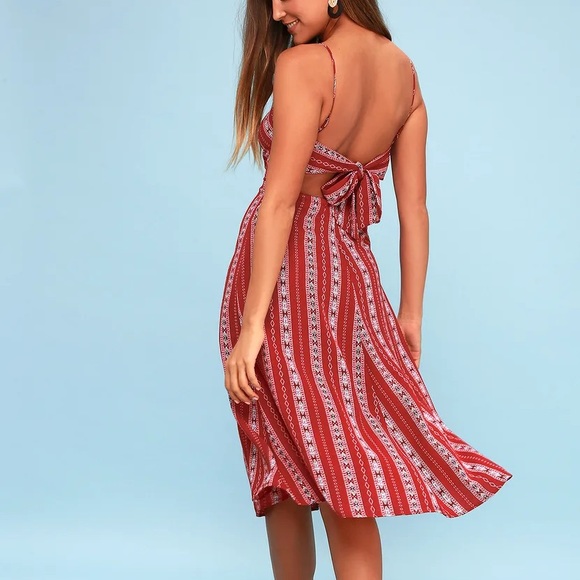 Lulu’s Rust Red Stripe Print Tie Back Side Slit Midi Dress - Picture 4 of 16